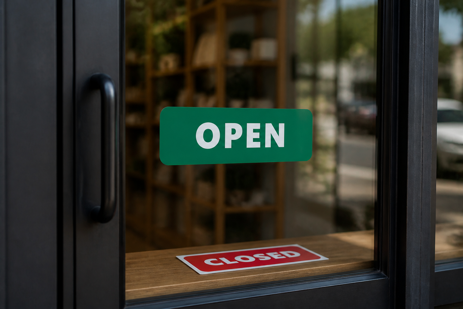 Open and Closed decals applied to a storefront door
