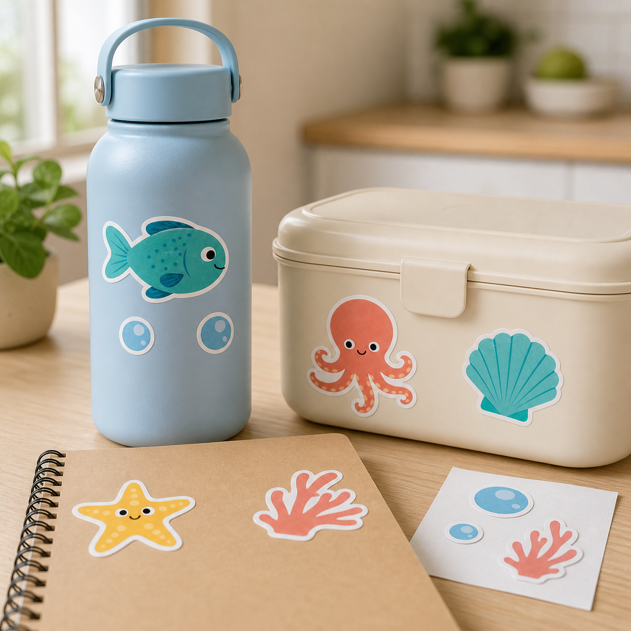 Ocean Pals stickers shown on everyday kids gear