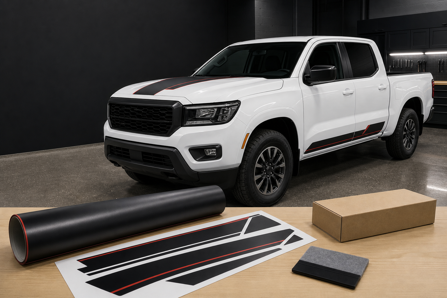 Concept image of a white pickup with a black and red vinyl accent stripe kit, with cut vinyl and installation tools in the foreground