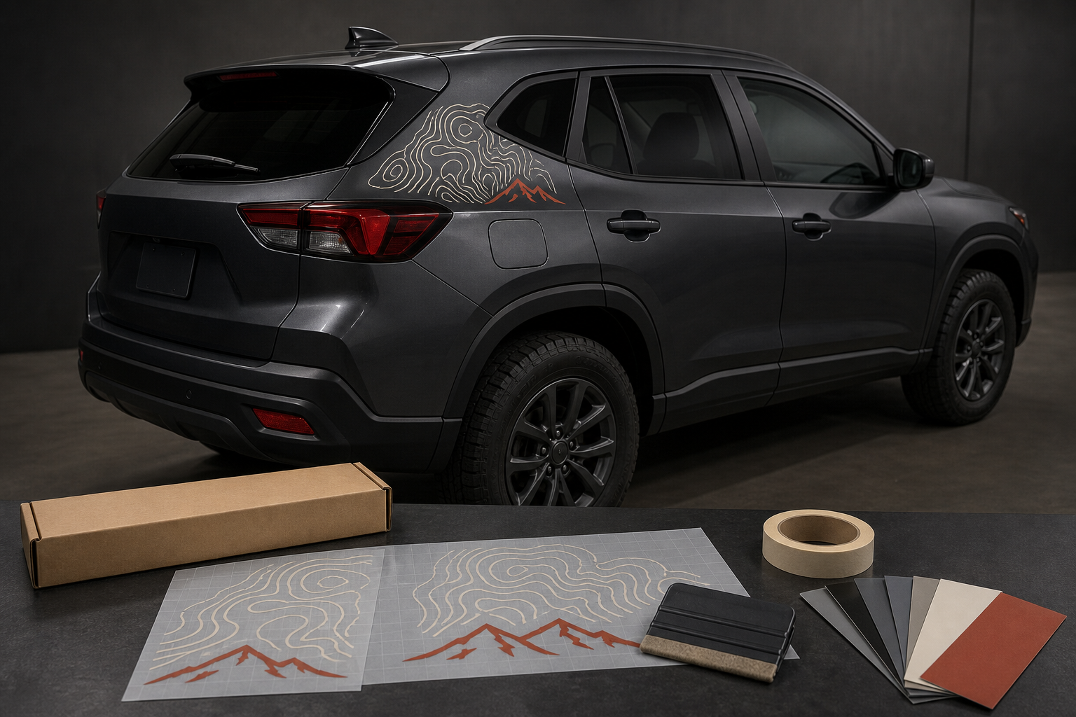 Concept image of a custom topographic vinyl decal applied to the rear quarter of an SUV, with matching cut decal pieces and application tools