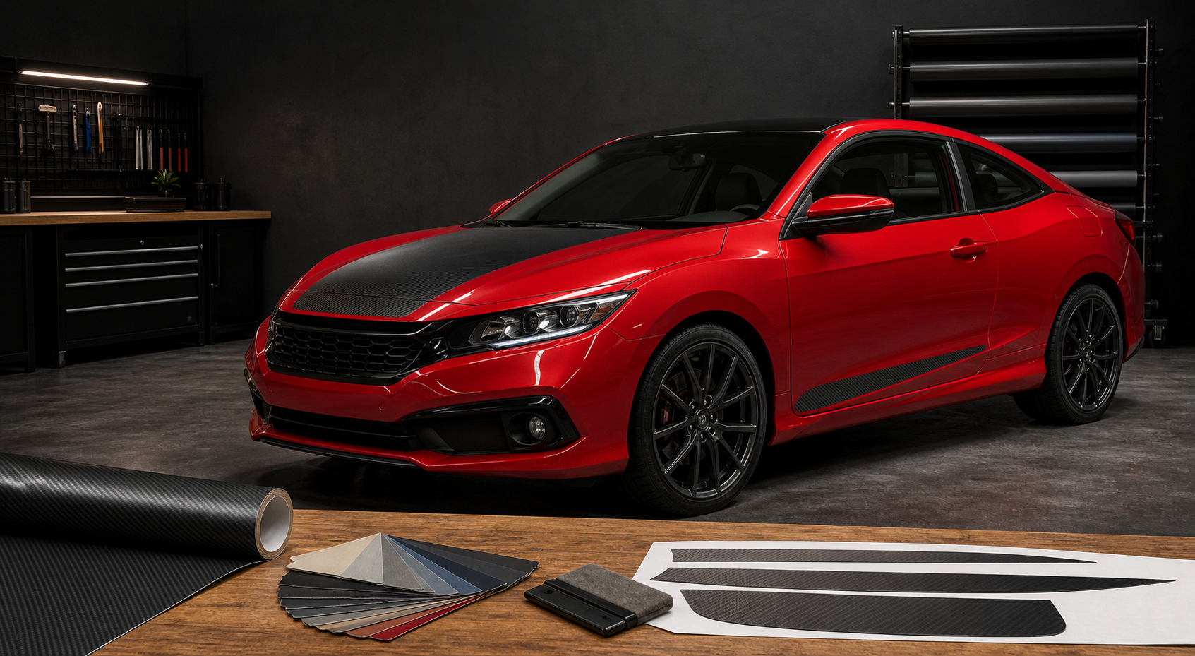 Concept image of a red coupe with a carbon-fiber-look hood and lower-door vinyl accents, alongside finish samples and cut accent pieces
